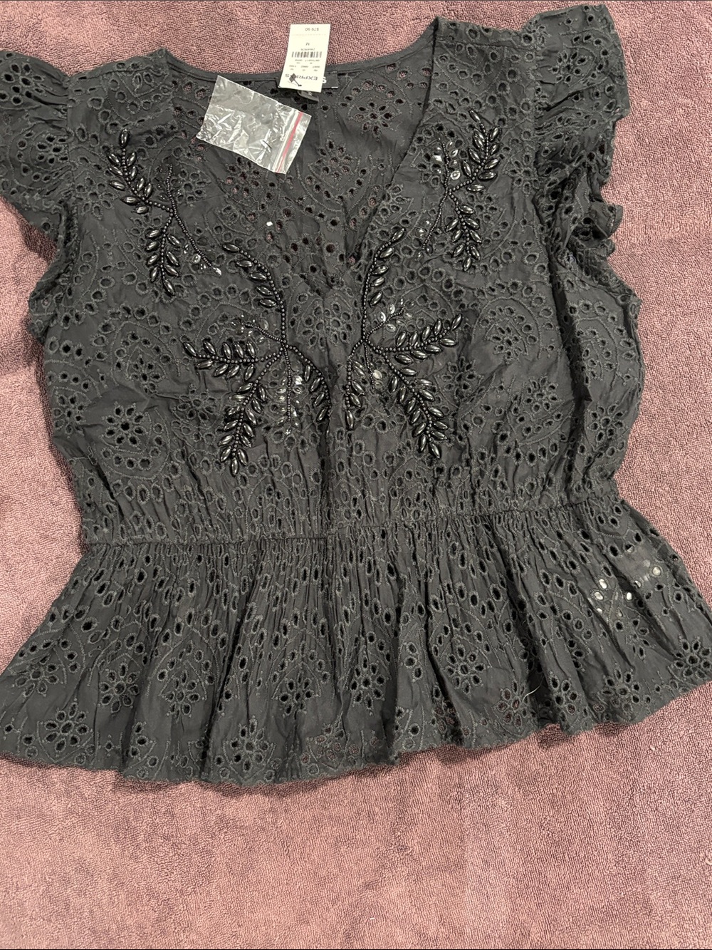 Express Women’s Black Eyelet V-Neck Peplum Top with Beaded Detail
